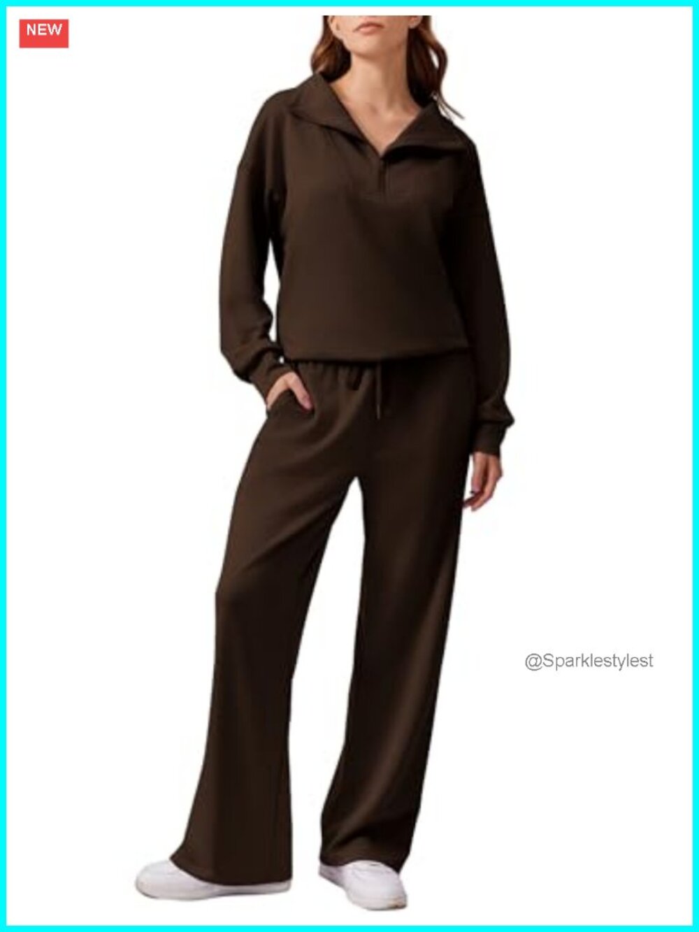 PINSPARK 2 Piece Womens Sweatsuit Half Zip Oversized Sweatshirt Wide Leg